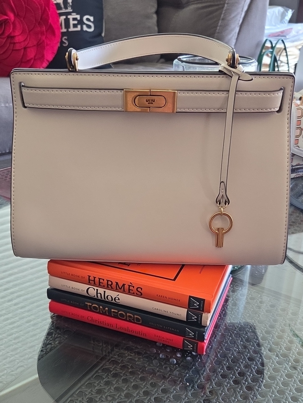 Tory Burch Cream Top-Handle Satchel with Gold Hardware
